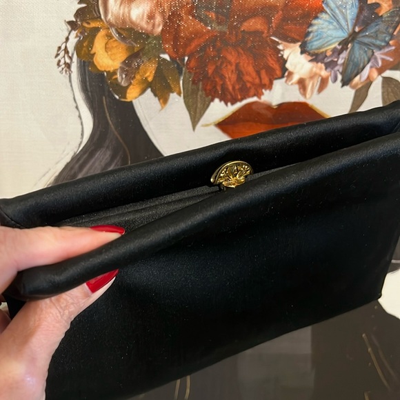 Vintage Art Deco Pure Silk Black Luxury Evening Clutch with Gold Fan Clasp 1950s
